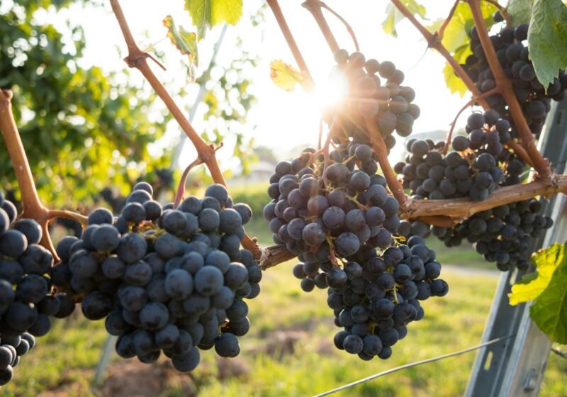 Clusters of ripe dark grapes on the vine in golden September light
